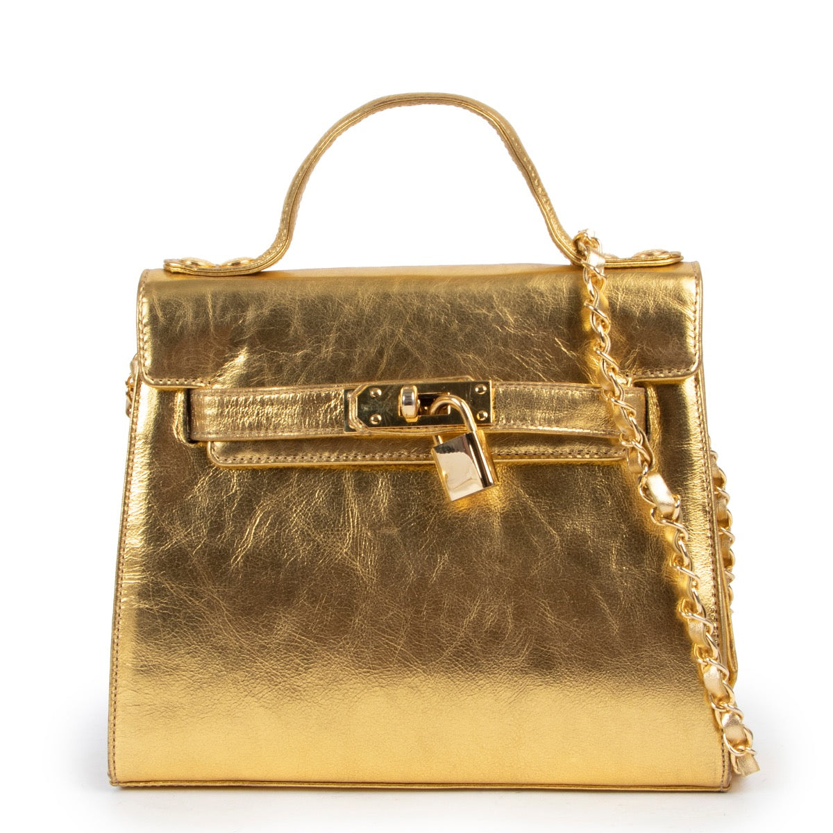 Shop safe online at Labellov in Antwerp this 100% authentic second hand Moschino Gold Leather Crossbody Bag