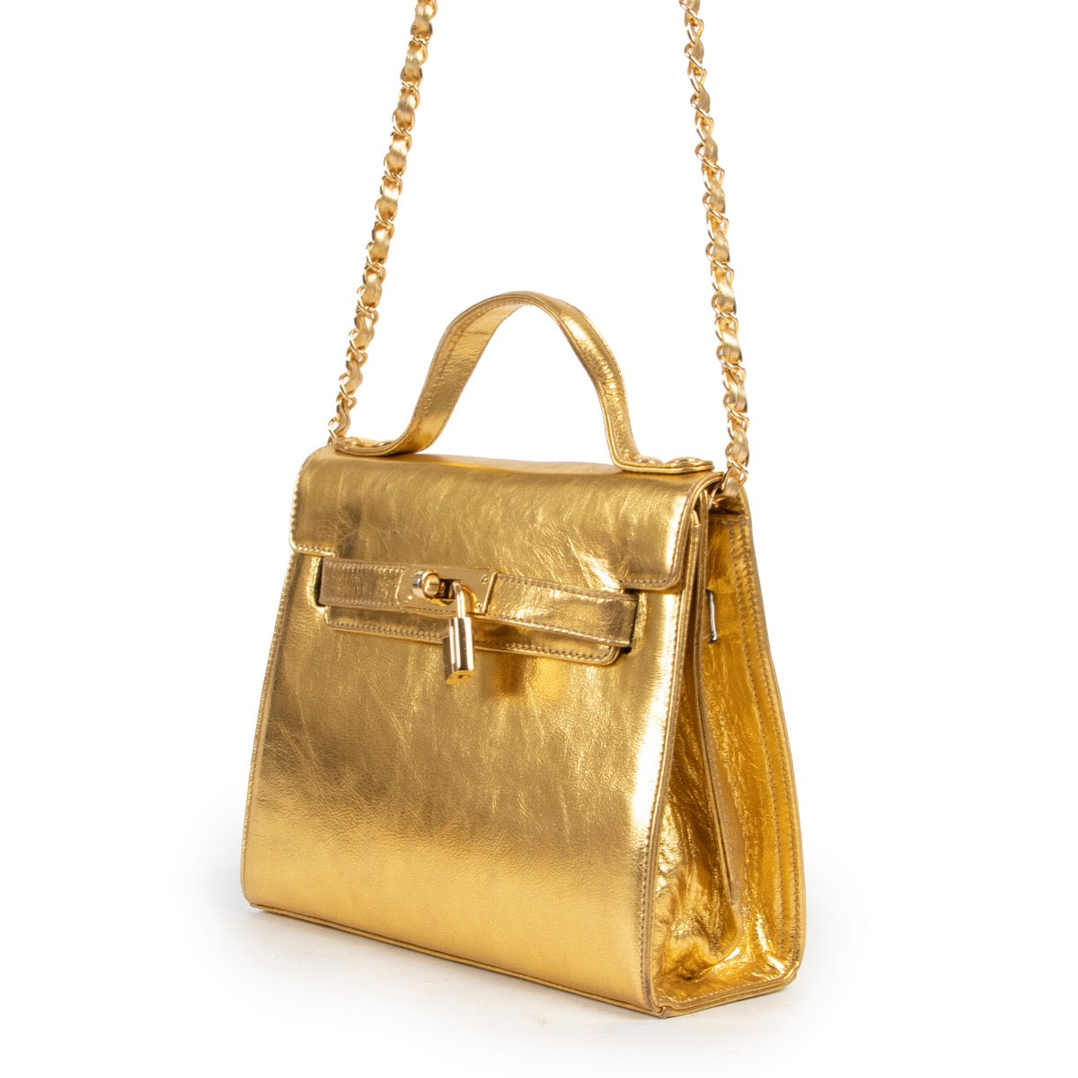 Shop safe online at Labellov in Antwerp this 100% authentic second hand Moschino Gold Leather Crossbody Bag
