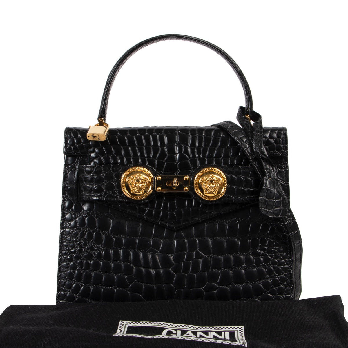 Get this Versace Medusa Crocodile Embossed Black Satchel Top Handle at Labellov Luxury in good condition. Buy and sell your designer items for a reasonable price.