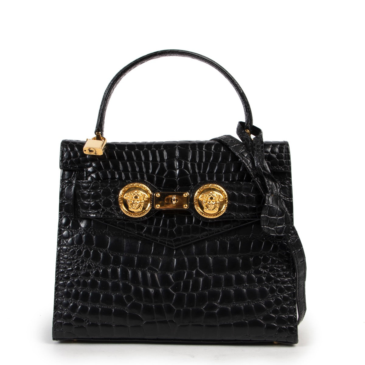 Get this Versace Medusa Crocodile Embossed Black Satchel Top Handle at Labellov Luxury in good condition. Buy and sell your designer items for a reasonable price.