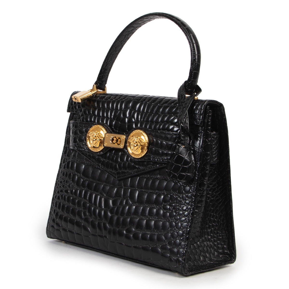Get this Versace Medusa Crocodile Embossed Black Satchel Top Handle at Labellov Luxury in good condition. Buy and sell your designer items for a reasonable price.