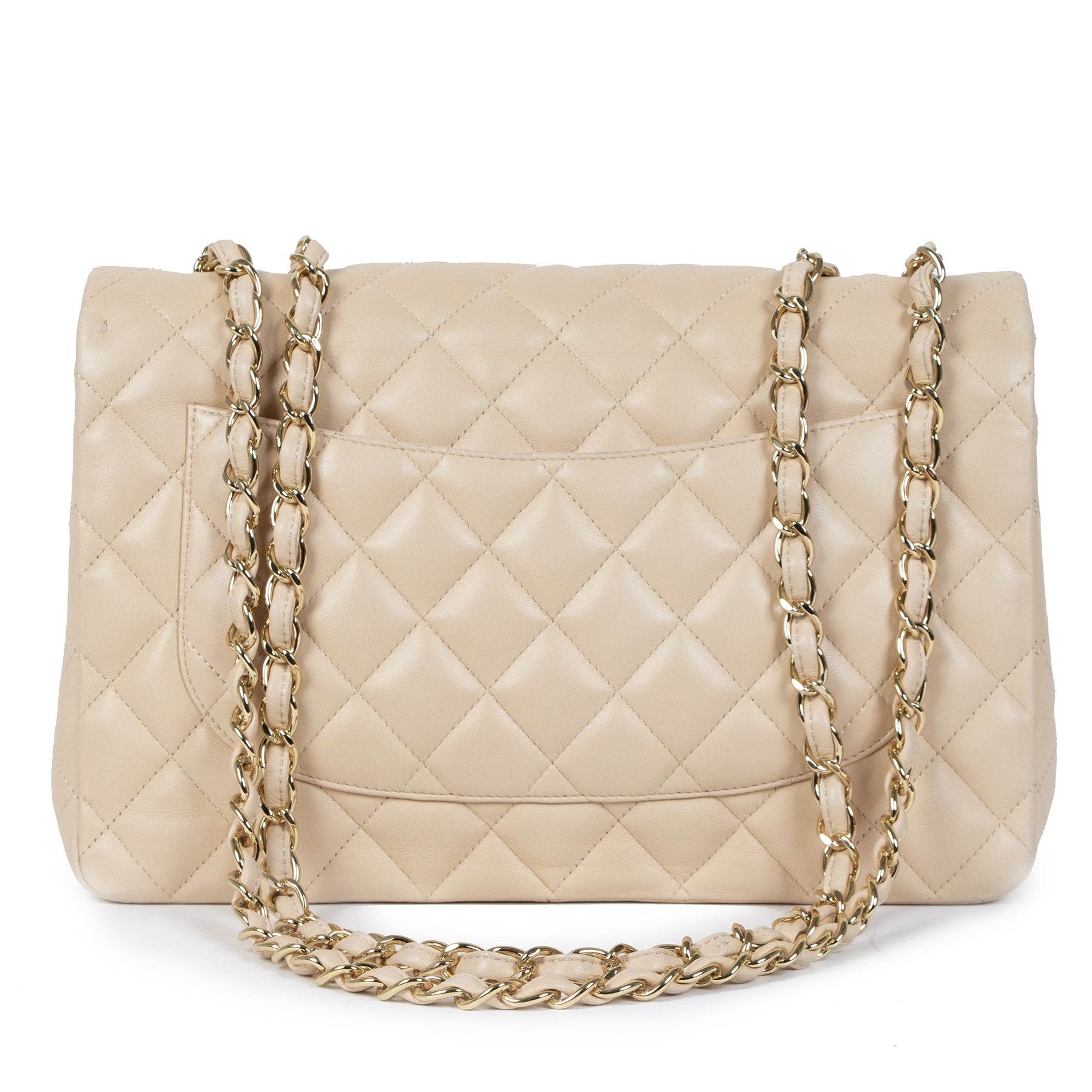Buy authentic secondhand Chanel Beige Lambskin Classic Single Flap Jumbos at the right price at LabelLOV vintage webshop. Safe and secure online shopping. Koop authentieke tweedehands Chanel Beige Lambskin Classic Single Flap Jumbo met de juiste prijs bij