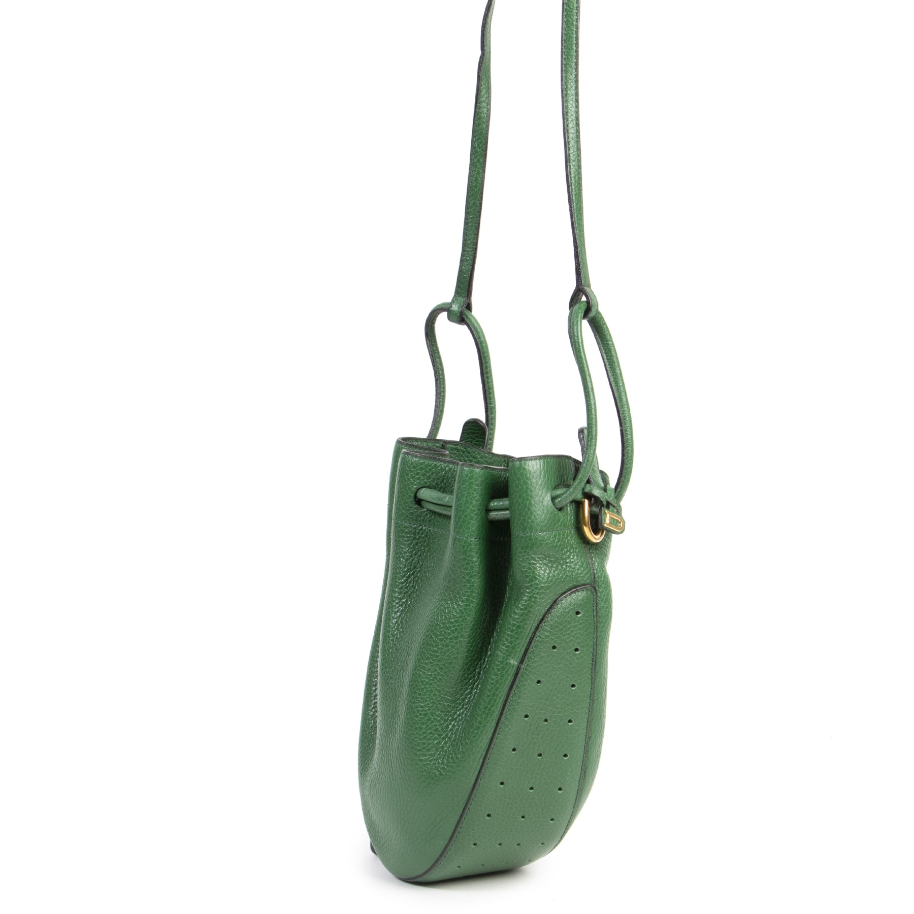 Authentieke Tweedehands Delvaux Green Leather Bucket Bag juiste prijs veilig online shoppen luxe merken webshop winkelen Antwerpen België mode fashion