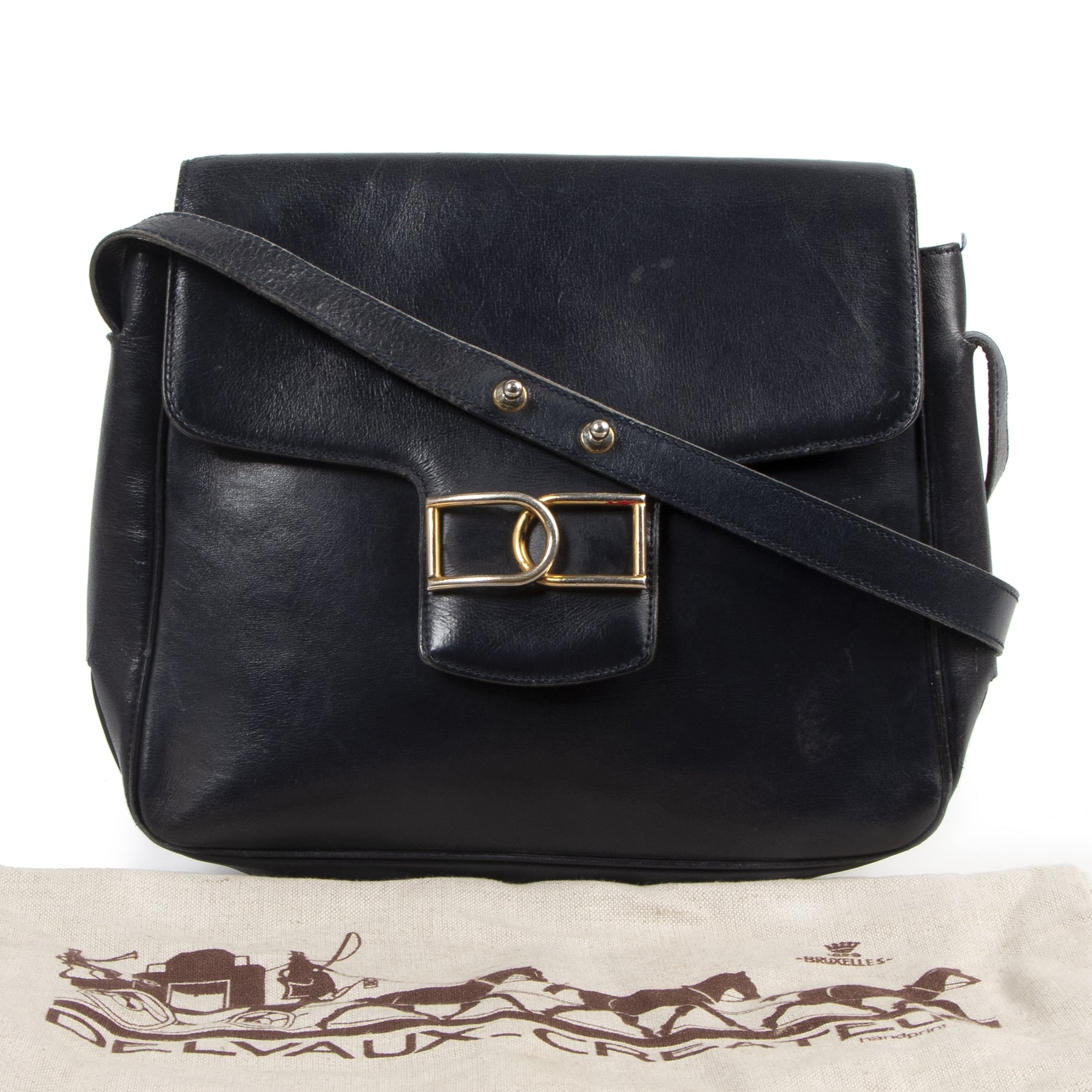 Authentieke tweedehands vintage Delvaux Navy DD Crossbody Bag koop online webshop LabelLOV