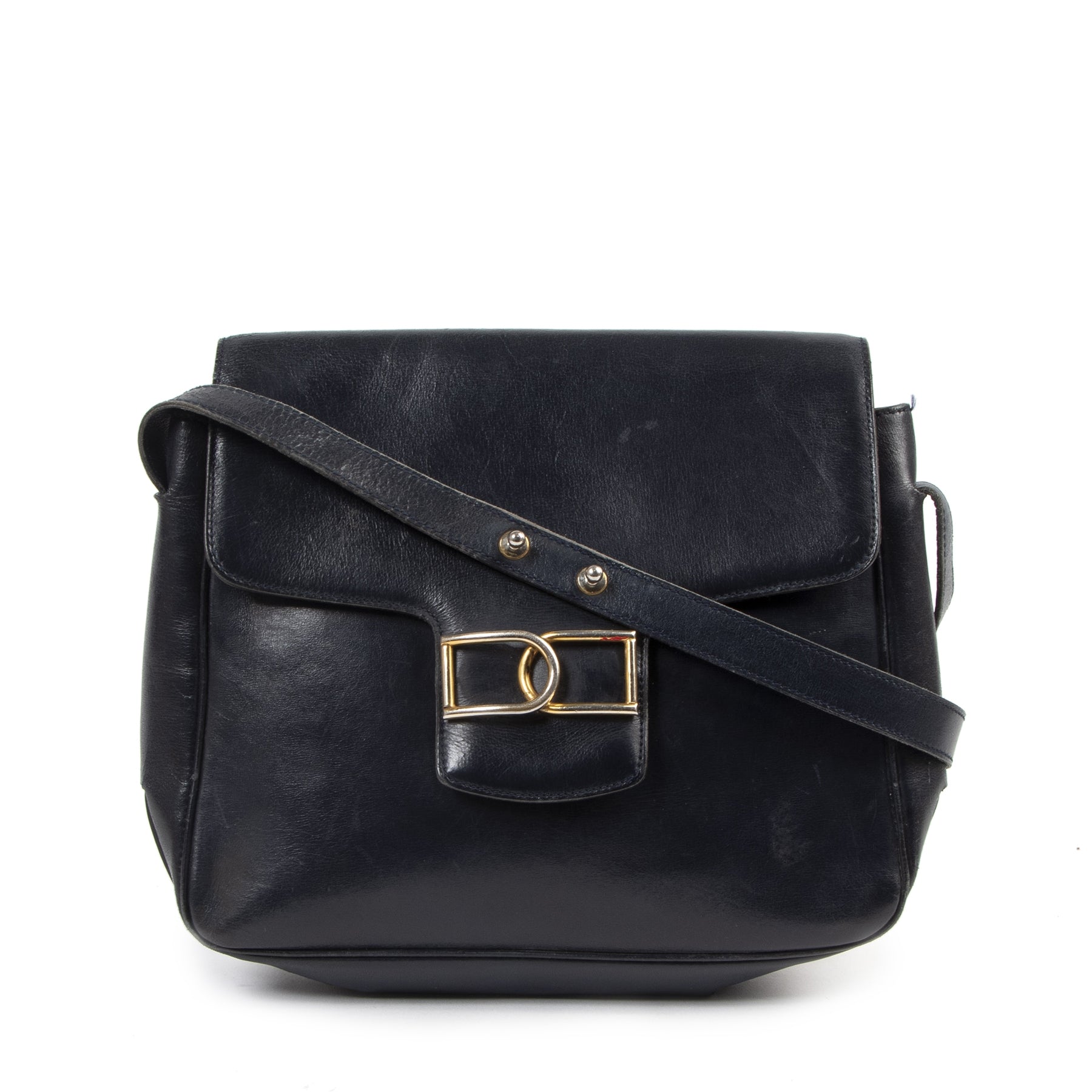 Authentieke tweedehands vintage Delvaux Navy DD Crossbody Bag koop online webshop LabelLOV