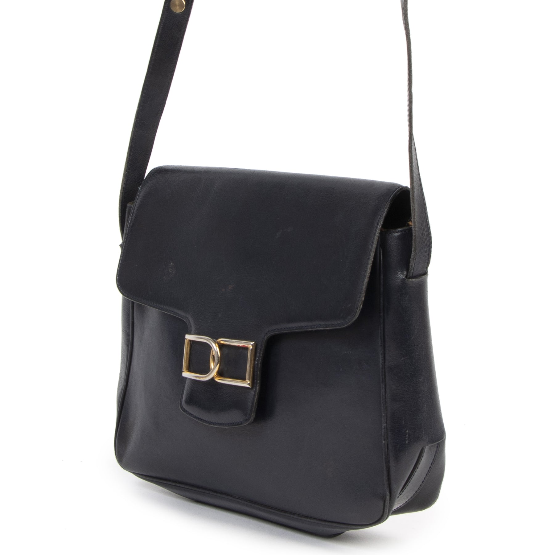 Authentic second-hand vintage Delvaux Navy DD Crossbody Bag buy online webshop LabelLOV