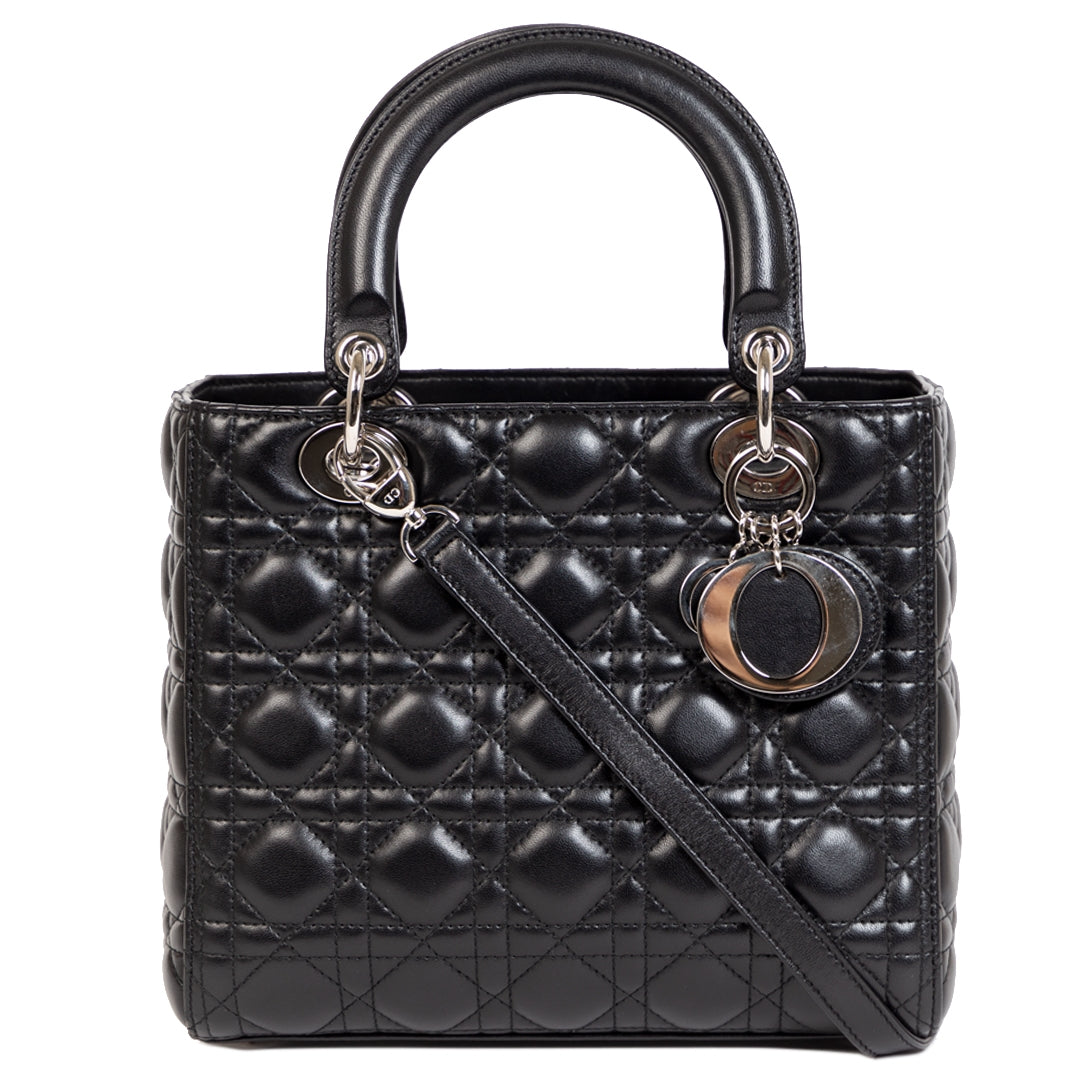 100% authentic Christian Dior Lady Dior Black Calfskin Leather Bag