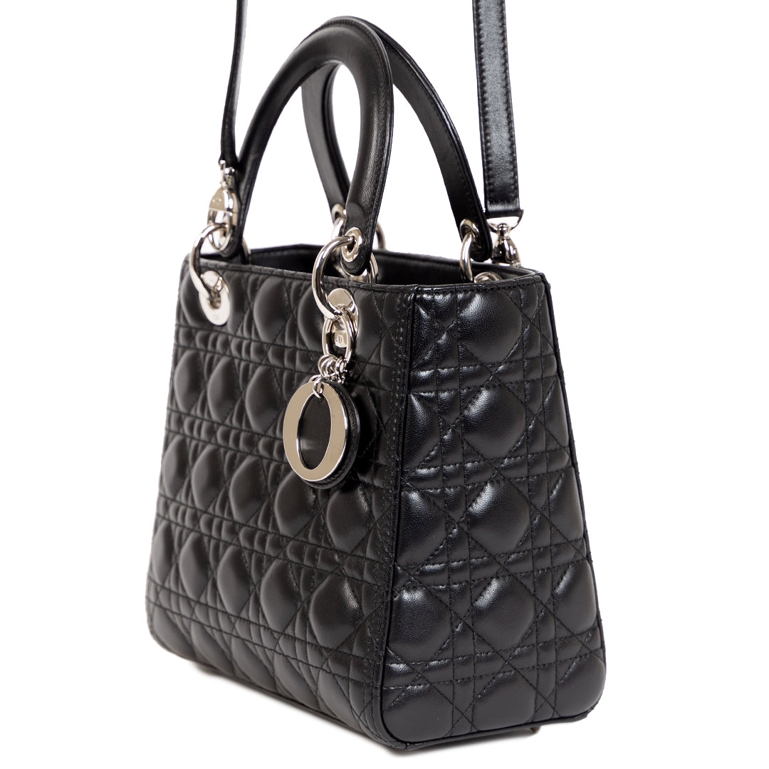 Koop en verkoop uw authentieke designer Christian Dior Lady Dior Black Calfskin Leather Bag
