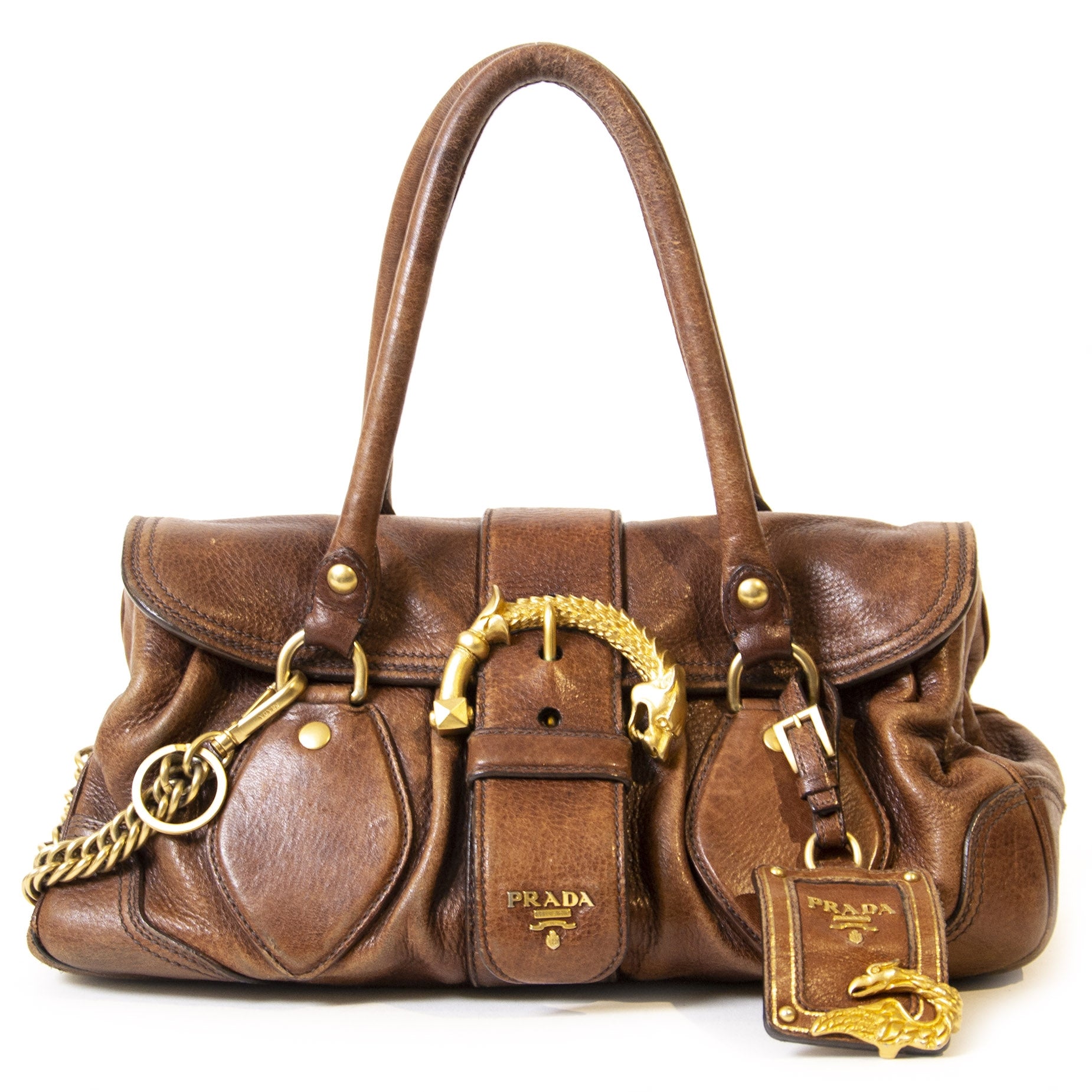 Authentieke Tweedehands Prada Brown Cervo Animalier Satchel juiste prijs veilig online shoppen luxe merken webshop winkelen Antwerpen België mode fashion