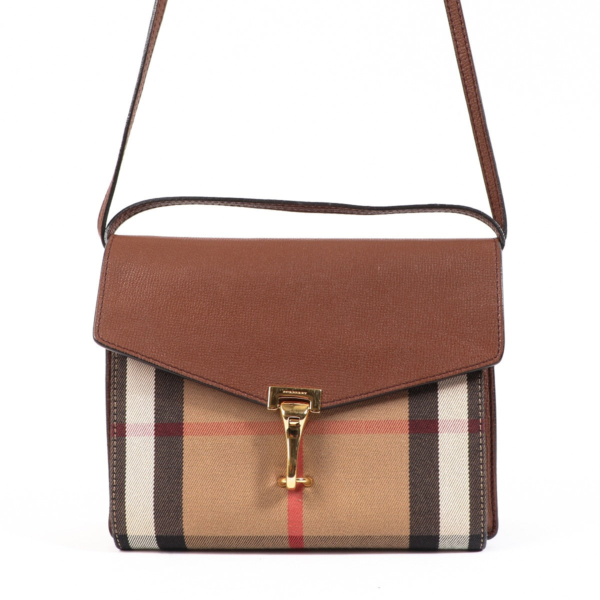 Buy an authentic second-hand Burberry Macken House Check Grained Calf Leather Crossbody Bag in very good condition at Labellov in Antwerp.