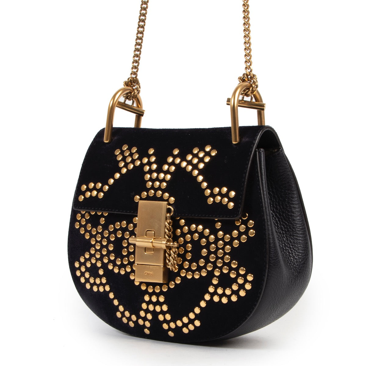 shop safe online Chloé Black Suede Studded Small Drew Bag GHW