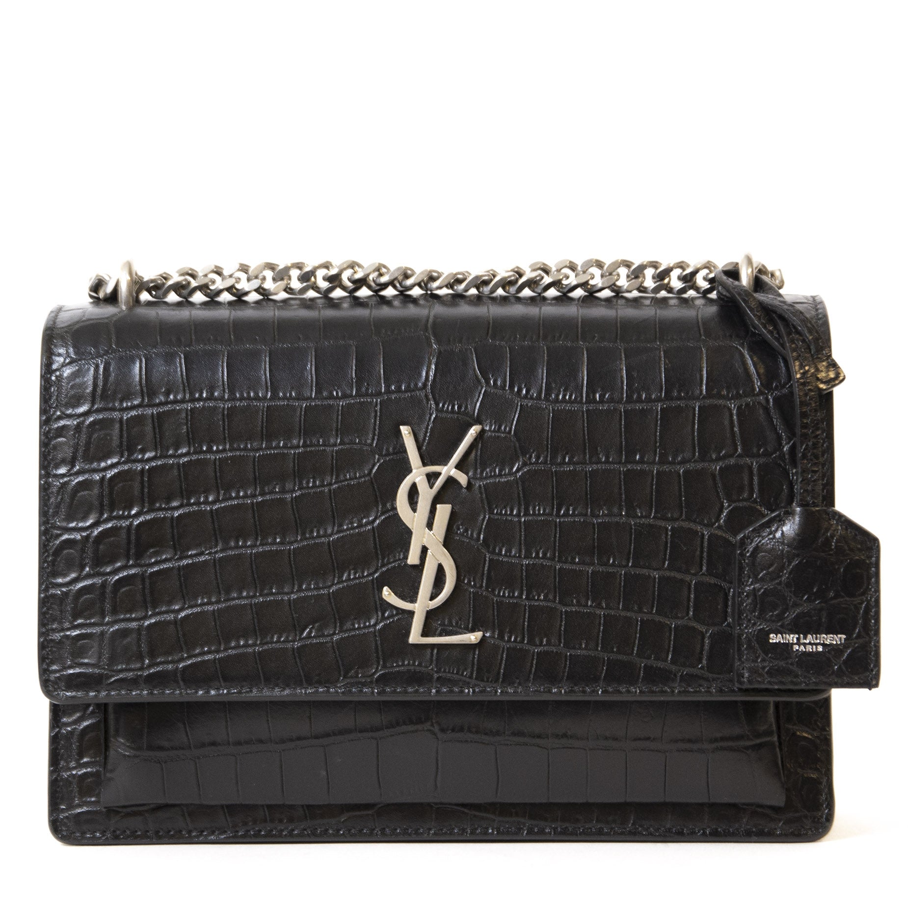 Authentieke Tweedehands Yves Saint Laurent Croco Black Leather Monogram Kate Satchel juiste prijs veilig online shoppen luxe merken webshop winkelen Antwerpen België mode fashion