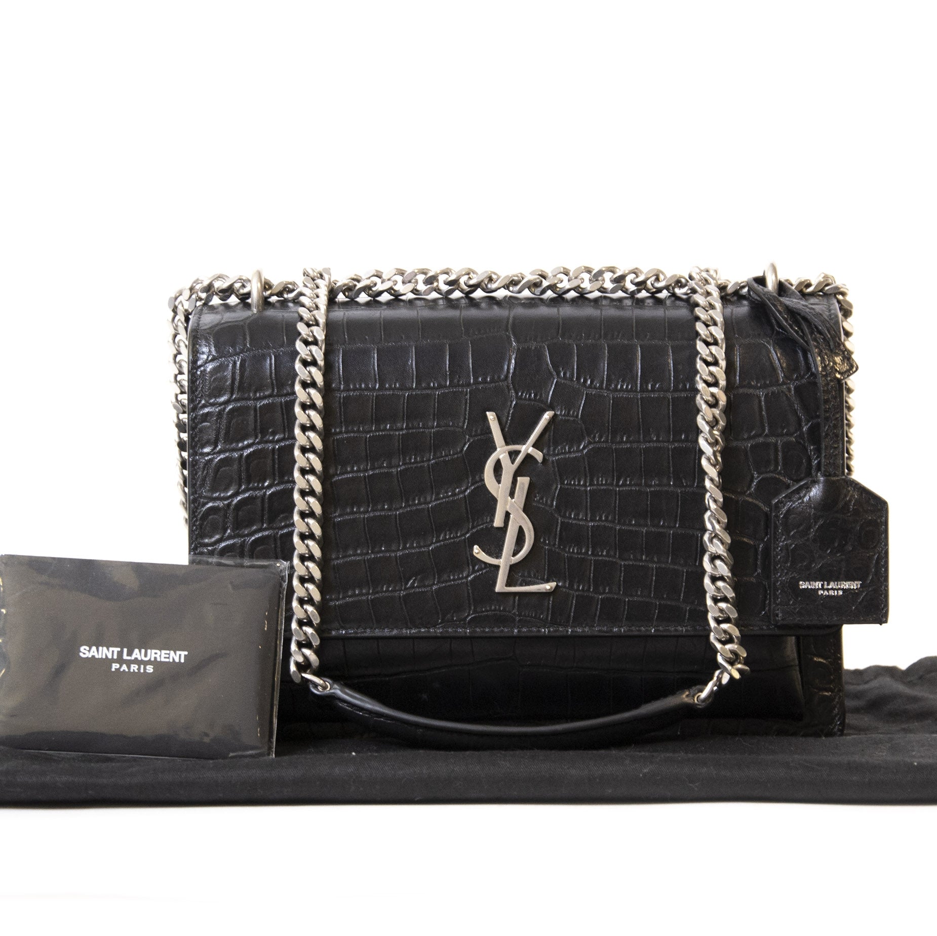 Authentieke Tweedehands Yves Saint Laurent Croco Black Leather Monogram Kate Satchel juiste prijs veilig online shoppen luxe merken webshop winkelen Antwerpen België mode fashion