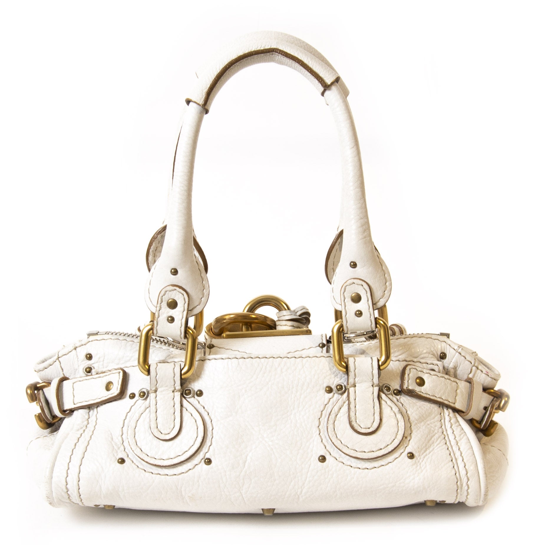 Authentieke Tweedehands Chloé White Leather Paddington Mini Bag juiste prijs veilig online shoppen luxe merken webshop winkelen Antwerpen België mode fashion