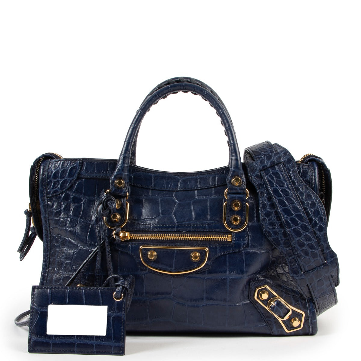 shop authentic second hand Balenciaga Cobalt Small City Metal Edge Croc-Embossed Handbag at Labellov