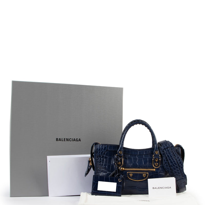 shop authentic second hand Balenciaga Cobalt Small City Metal Edge Croc-Embossed Handbag at Labellov