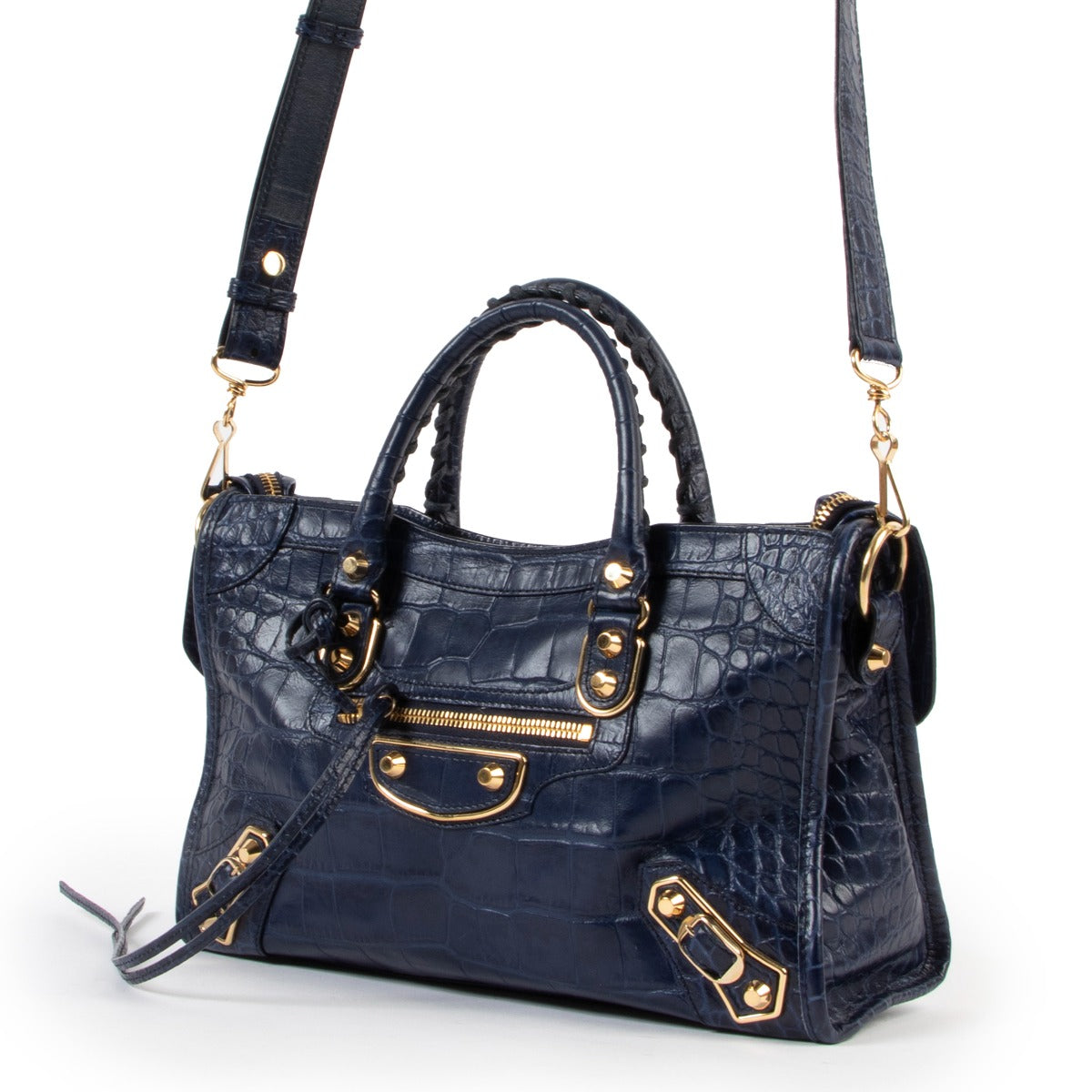 shop authentic second hand Balenciaga Cobalt Small City Metal Edge Croc-Embossed Handbag at Labellov