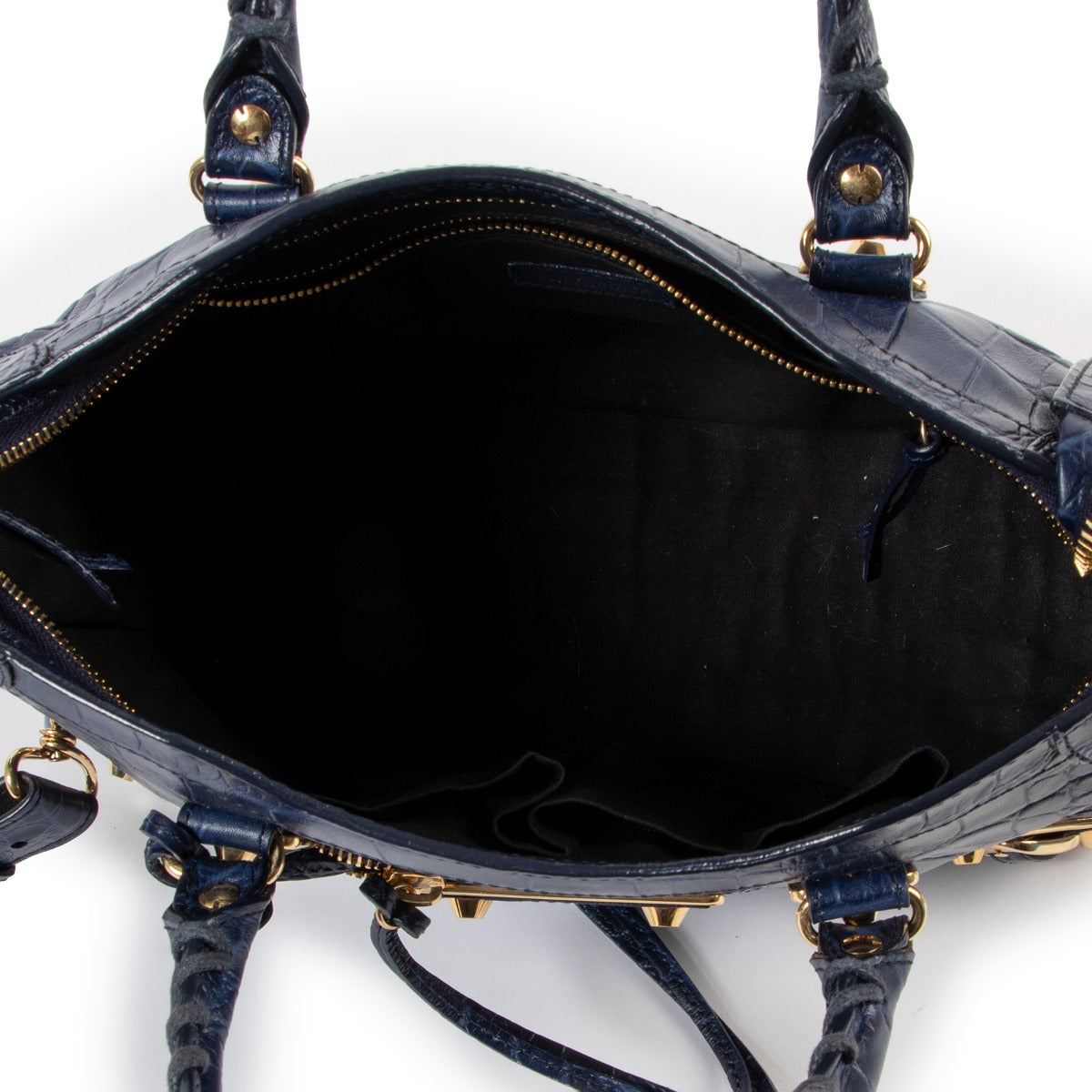shop authentic second hand Balenciaga Cobalt Small City Metal Edge Croc-Embossed Handbag at Labellov