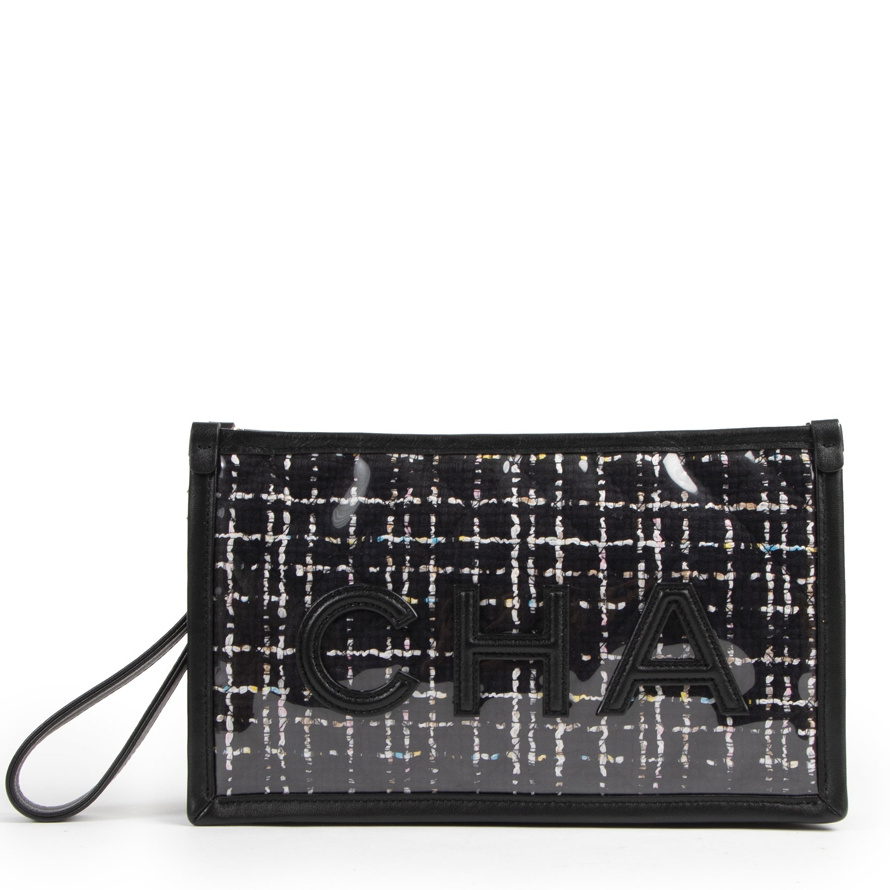 Authentic secondhand Chanel Black Tweed Pochette Clutch designer bags fashion luxury vintage webshop safe secure online shopping
