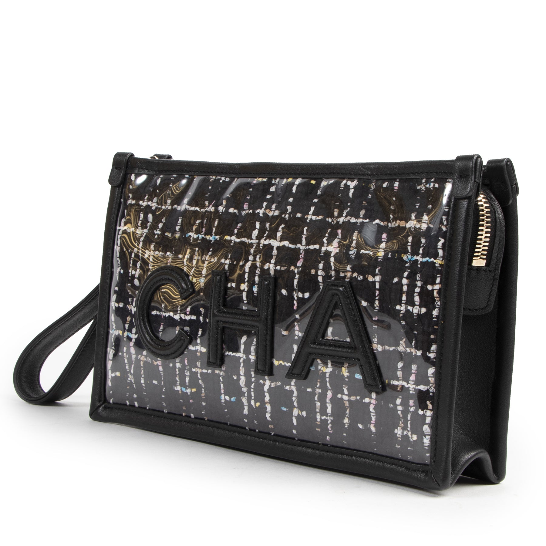 Authentieke Tweedehands Chanel Black Tweed Pochette Clutch juiste prijs veilig online shoppen luxe merken webshop winkelen Antwerpen België mode fashion