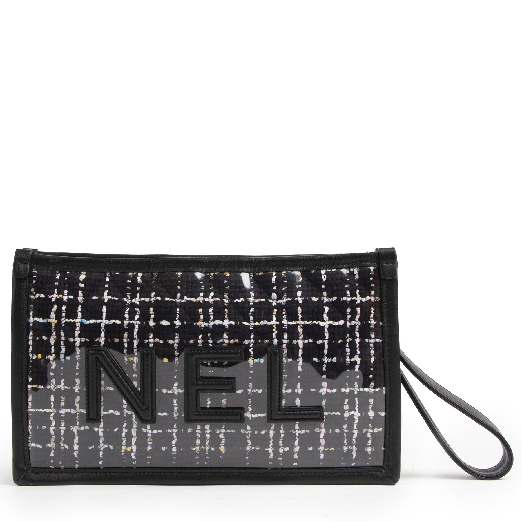Authentieke Tweedehands Chanel Black Tweed Pochette Clutch juiste prijs veilig online shoppen luxe merken webshop winkelen Antwerpen België mode fashion