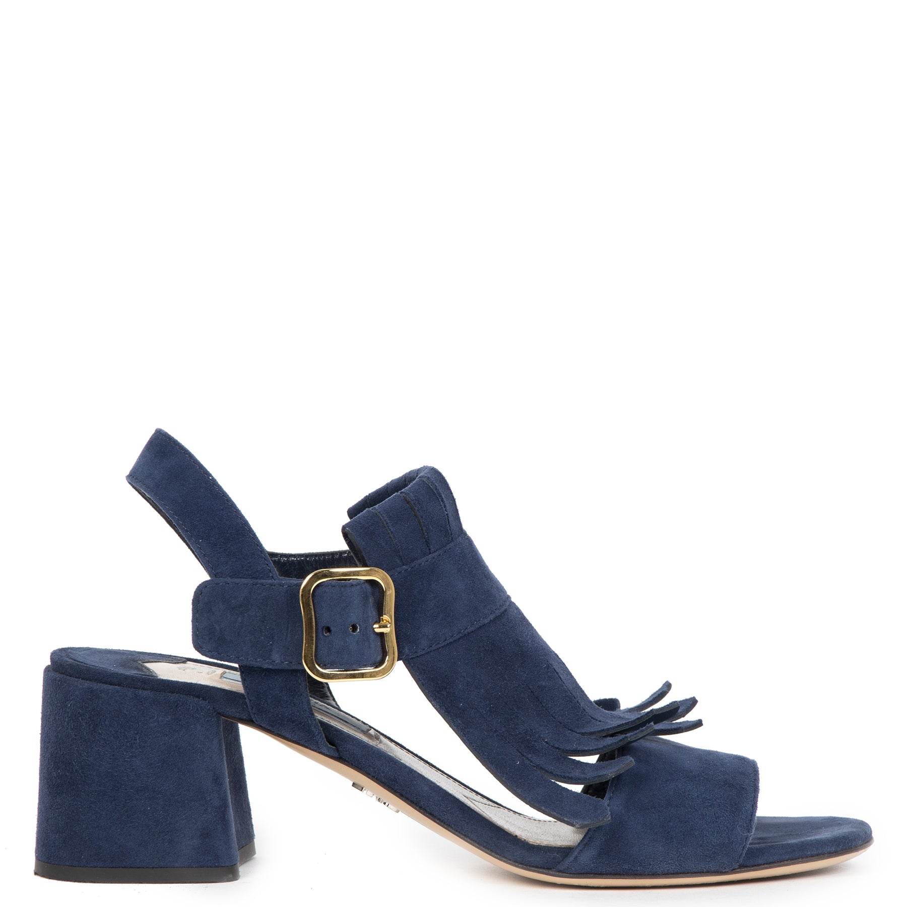 Authentic secondhand Prada Navy Suede Fringe Heeled Sandal - Size 37,5 designer shoes pumps heels designer brands luxury vintage webshop safe secure online shopping fashion worldwide shipping