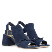 Authentieke Tweedehands Prada Navy Suede Fringe Heeled Sandal - Size 37,5 juiste prijs veilig online shoppen luxe merken webshop winkelen Antwerpen België mode fashion