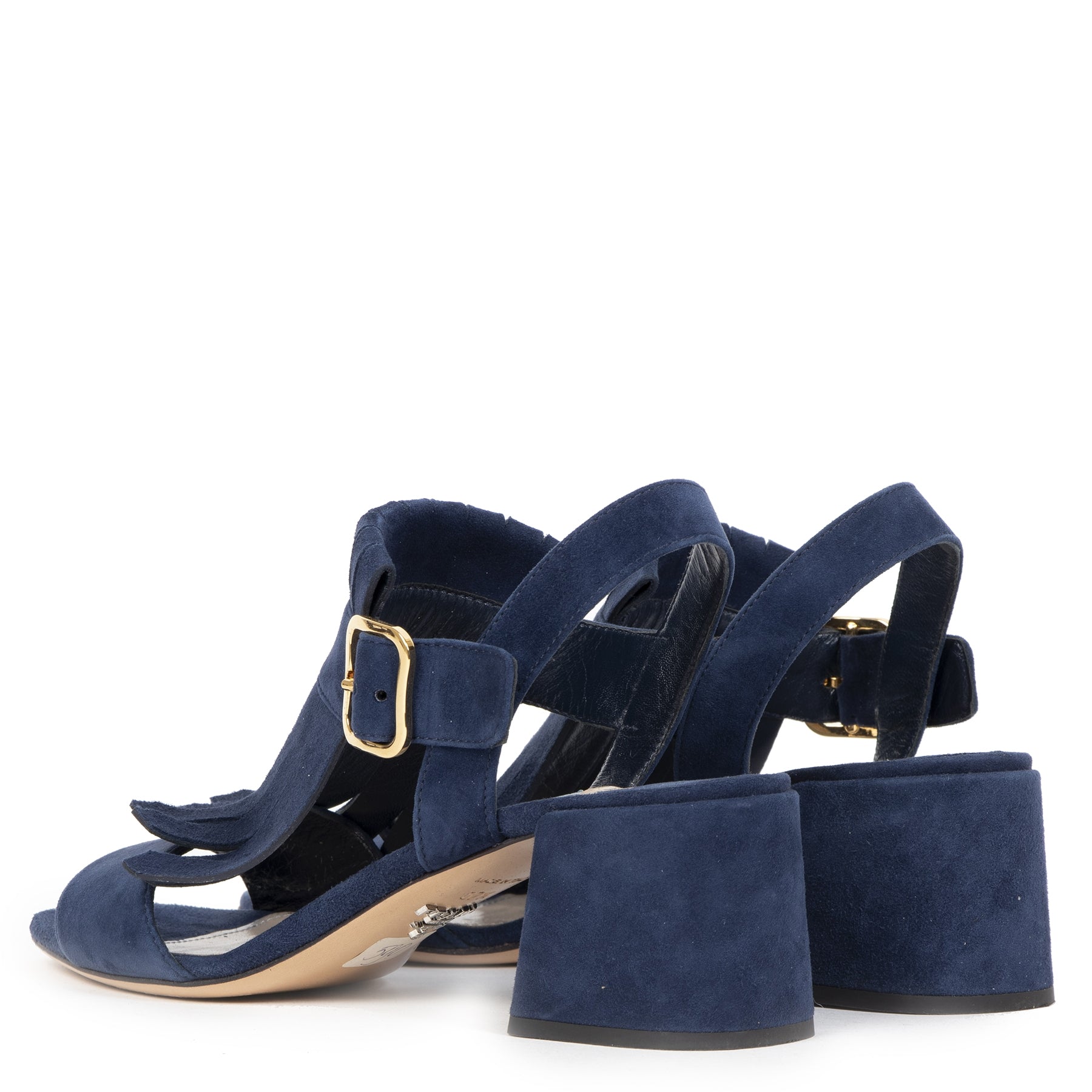 Authentieke Tweedehands Prada Navy Suede Fringe Heeled Sandal - Size 37,5 juiste prijs veilig online shoppen luxe merken webshop winkelen Antwerpen België mode fashion