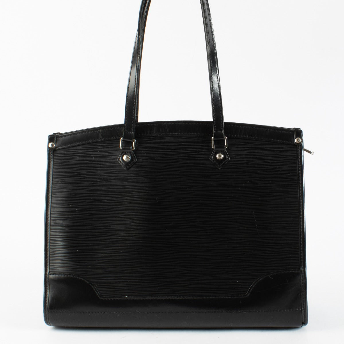 A timeless Louis Vuitton Black Epi Leather Shoulder Bag featuring the Maison’s iconic grained texture, a structured silhouette, and spacious interior—perfect for everyday elegance.