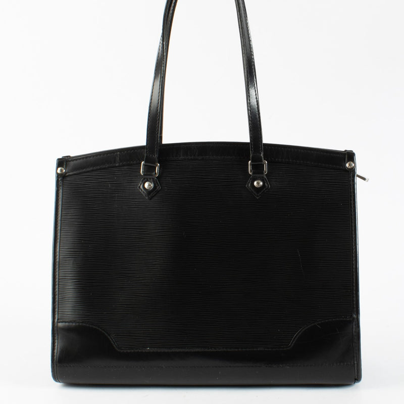 A timeless Louis Vuitton Black Epi Leather Shoulder Bag featuring the Maison’s iconic grained texture, a structured silhouette, and spacious interior—perfect for everyday elegance.