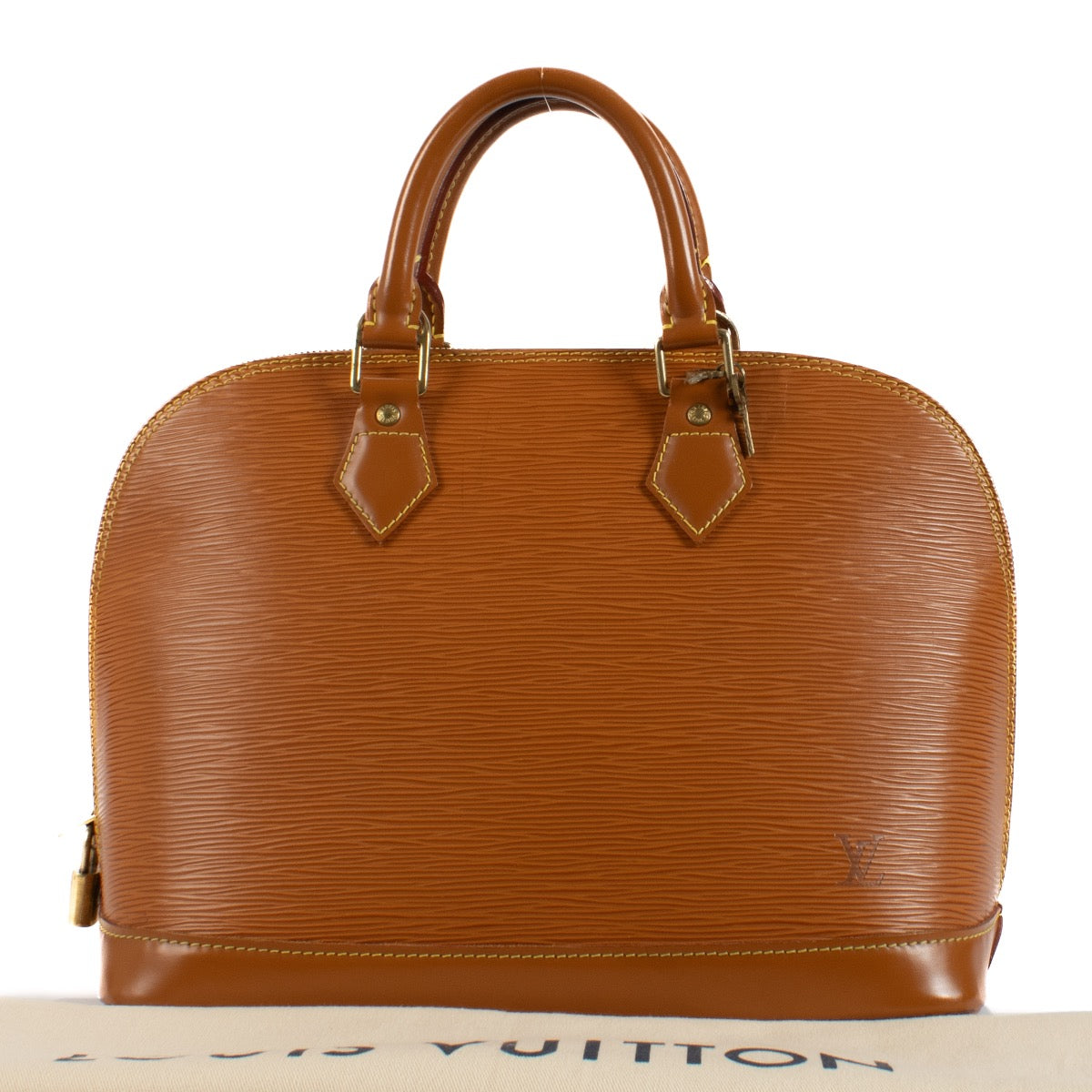 Shop safe online at Labellov in Antwerp, Brussels and Knokke this 100% authentic second hand Louis Vuitton Cannelle Epi Leather Alma PM, koop veilig tweedehands authentieke Louis Vuitton Cannelle Epi Leather Alma PM