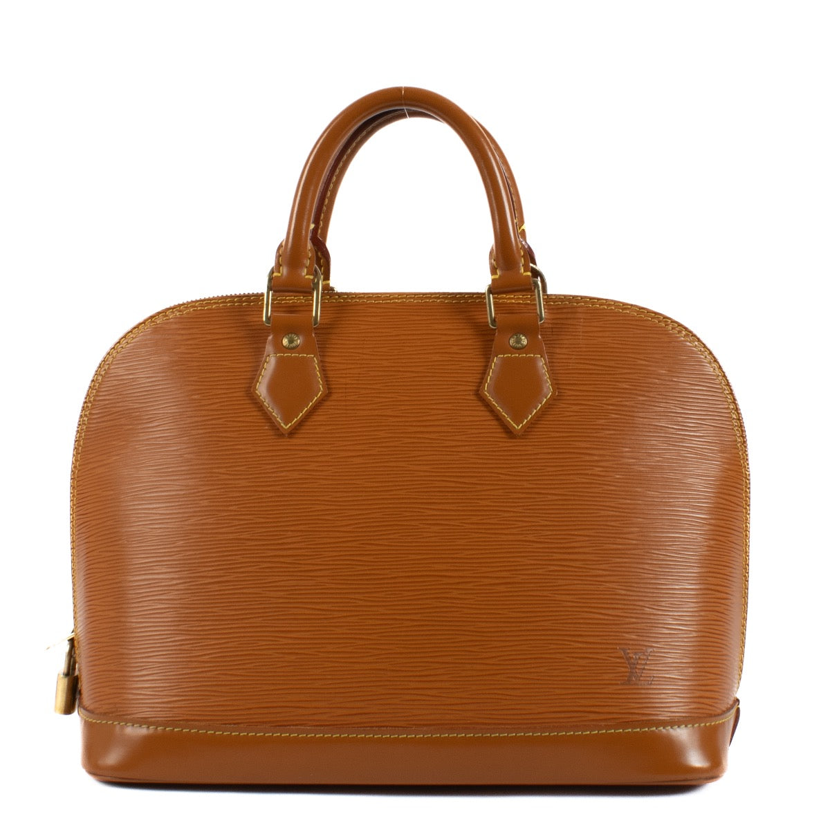 Shop safe online at Labellov in Antwerp, Brussels and Knokke this 100% authentic second hand Louis Vuitton Cannelle Epi Leather Alma PM, koop veilig tweedehands authentieke Louis Vuitton Cannelle Epi Leather Alma PM