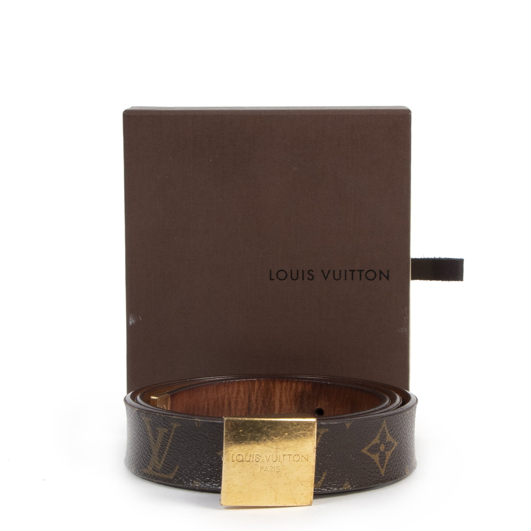 tweedehands Louis Vuitton Monogram Gold Buckle Belt - Size 80