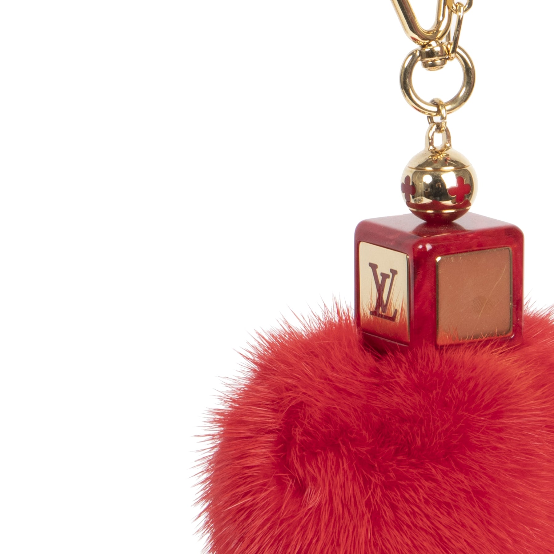 Authentieke tweedehands vintage Louis Vuitton Red Fur Pom Pom Keychain koop online webshop LabelLOV