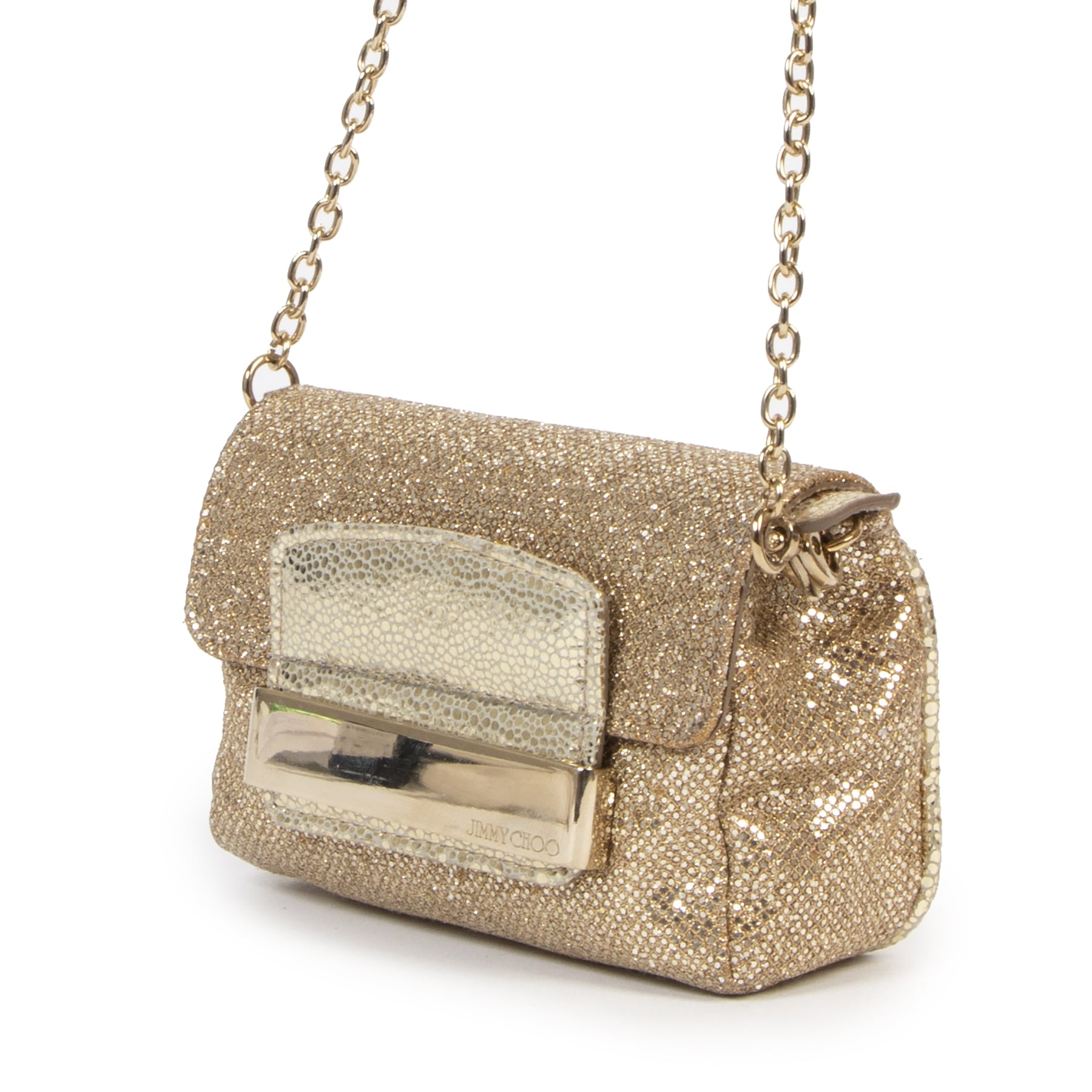 Authentic secondhand Jimmy Choo Gold Rebel Glitter Mini Bag designer bags fashion luxury vintage webshop safe secure online shopping