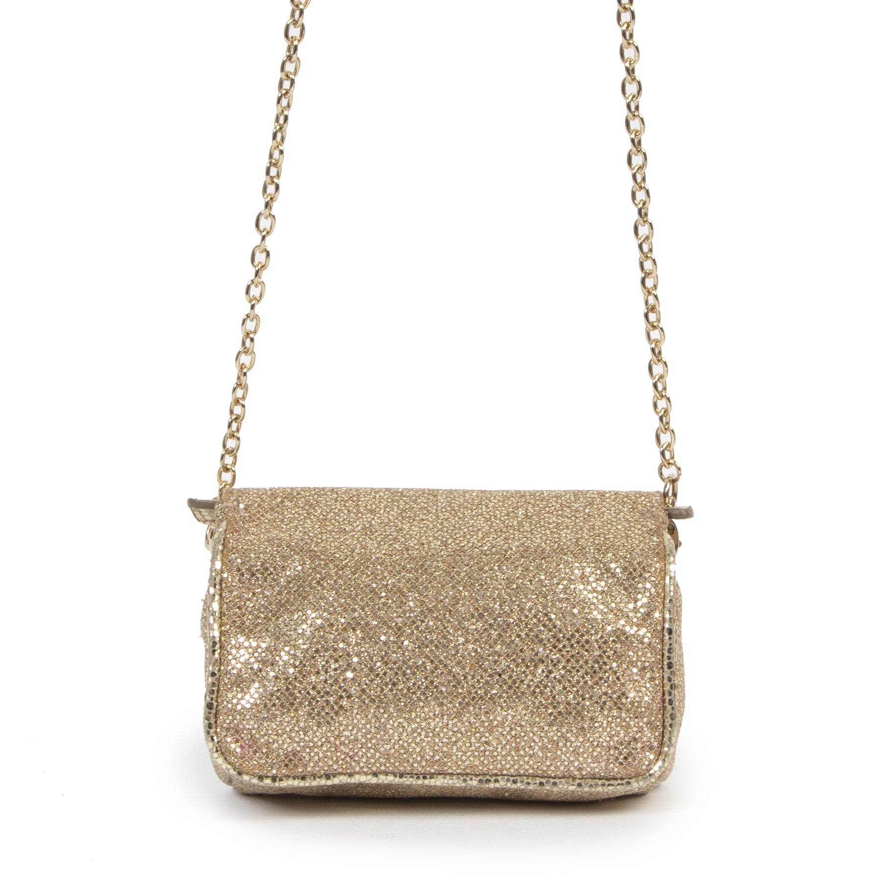 Authentieke Tweedehands Jimmy Choo Gold Rebel Glitter Mini Bag juiste prijs veilig online shoppen luxe merken webshop winkelen Antwerpen België mode fashion