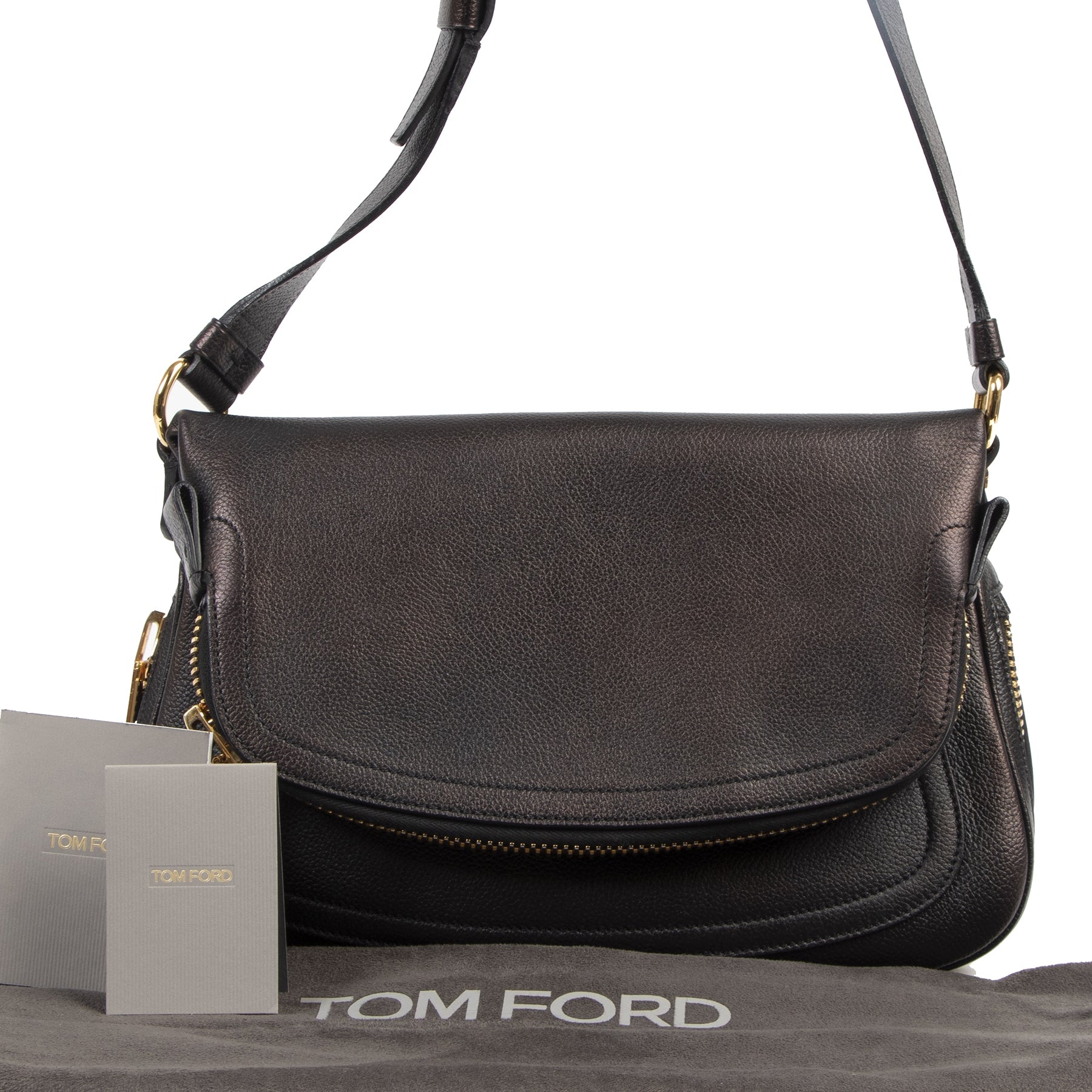 Authentieke tweedehands vintage Tom Ford Jennifer Black Leather Medium Crossbody Bag koop online webshop LabelLOV