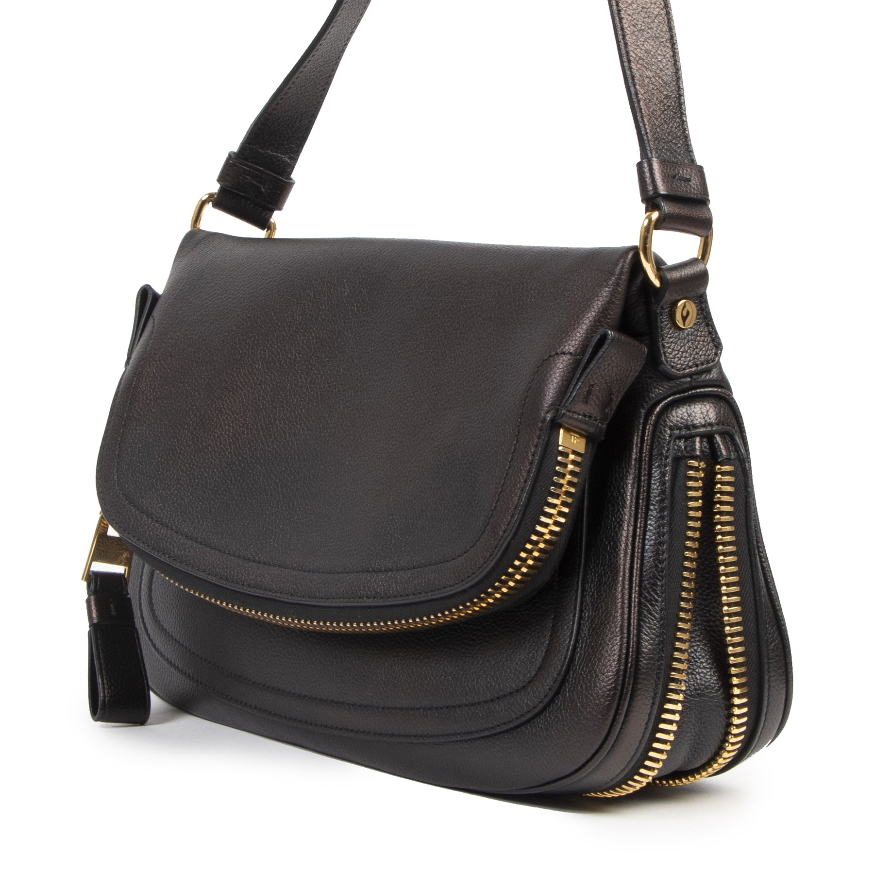 Authentieke tweedehands vintage Tom Ford Jennifer Black Leather Medium Crossbody Bag koop online webshop LabelLOV
