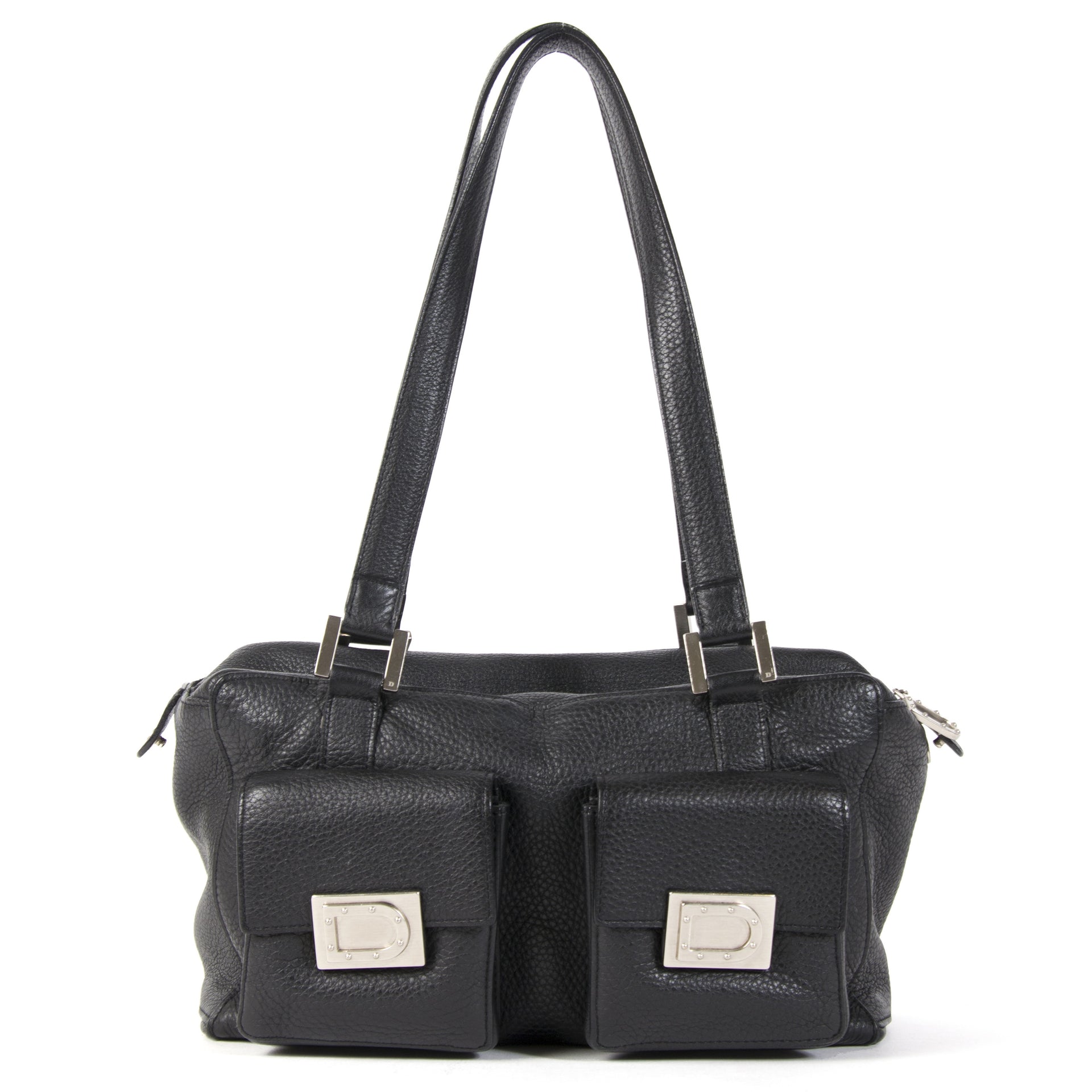 Authentieke Tweedehands Delvaux Black Leather Front Pockets Shoulder Bag juiste prijs veilig online shoppen luxe merken webshop winkelen Antwerpen België mode fashion