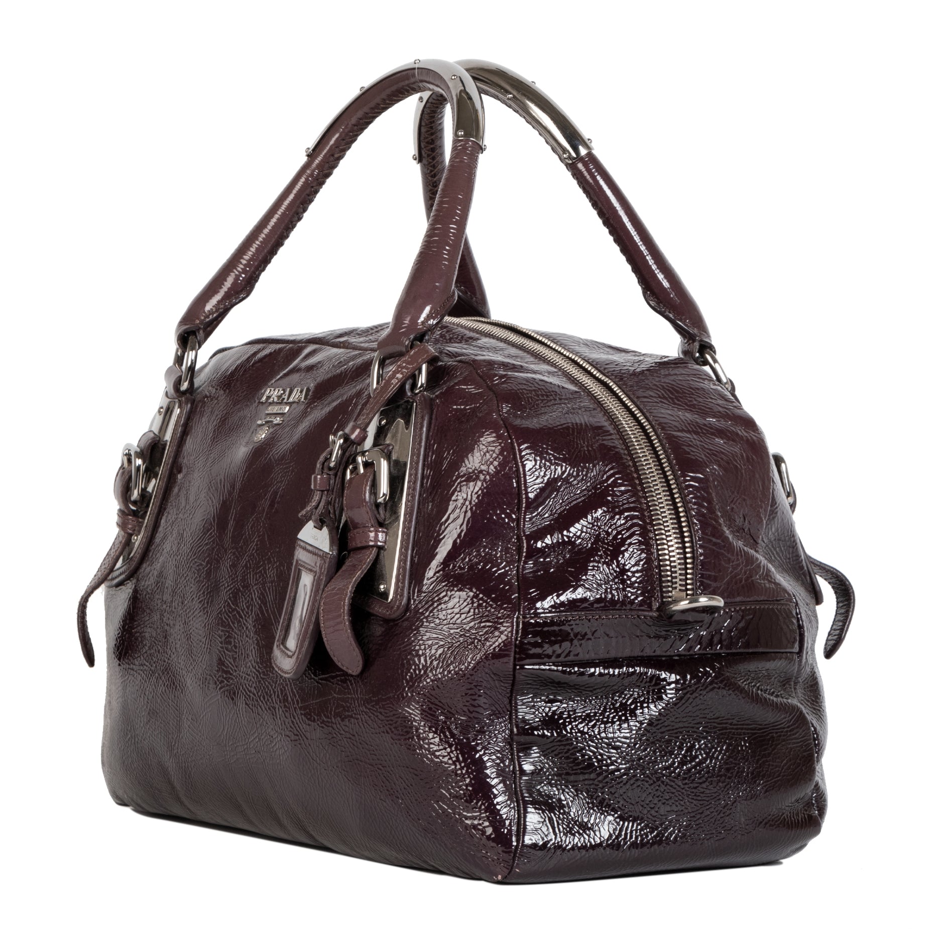 Authentieke Tweedehands Prada Patent Leather Bowler Bag juiste prijs veilig online shoppen luxe merken webshop winkelen Antwerpen België mode fashion