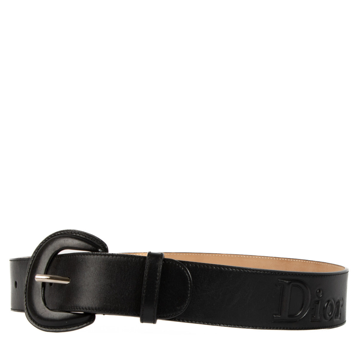 Christian Dior Black Leather Logo Wide Belt - size 80 for the best price at Labellov secondhand luxury in Antwerp Brussels Knokke