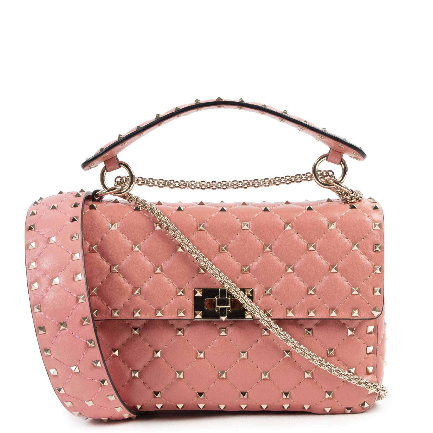 Authentic secondhand Valentino Pink Rockstud Spike Shoulder Bag designer bags fashion luxury vintage webshop safe secure online shopping