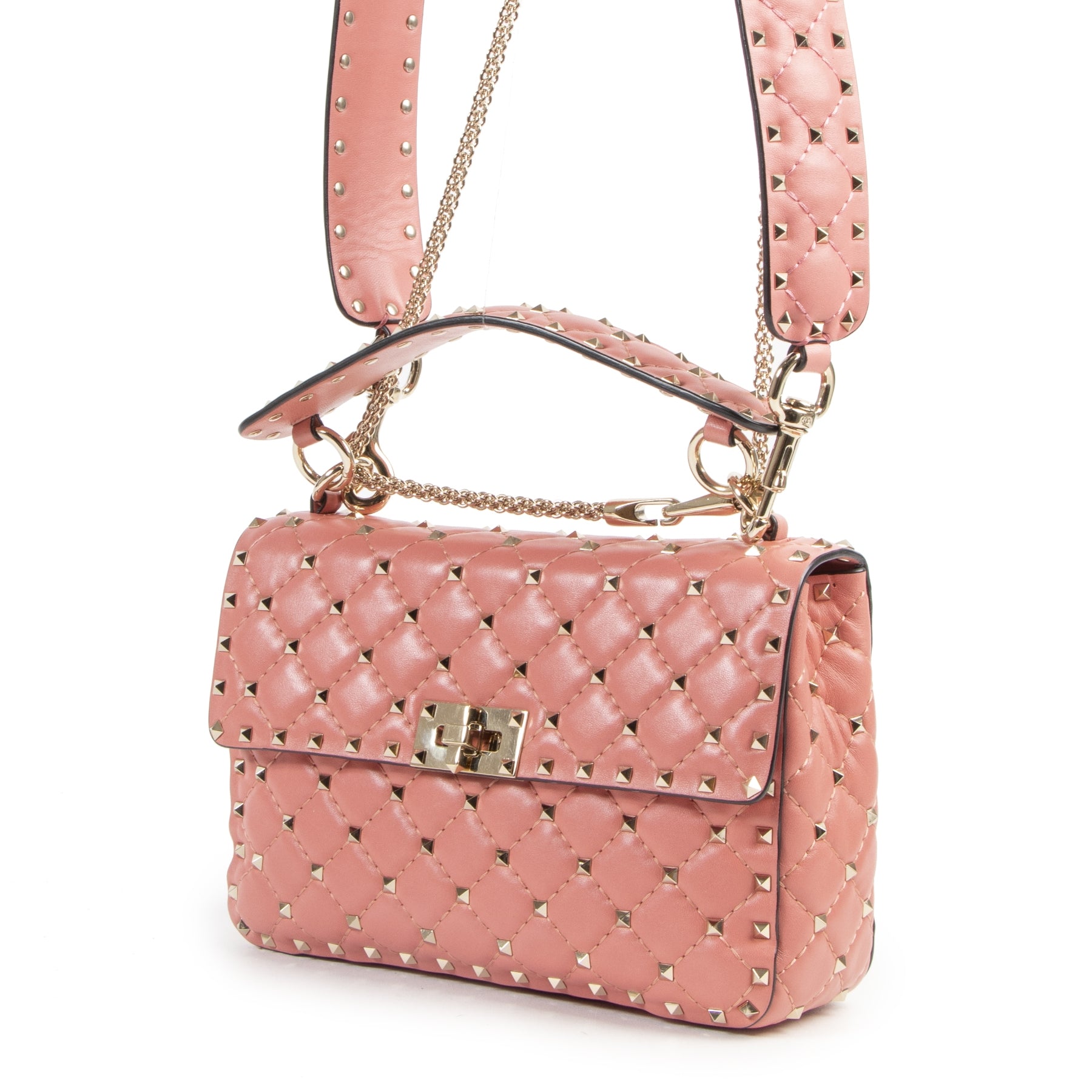 Authentieke Tweedehands Valentino Pink Rockstud Spike Shoulder Bag juiste prijs veilig online shoppen luxe merken webshop winkelen Antwerpen België mode fashion