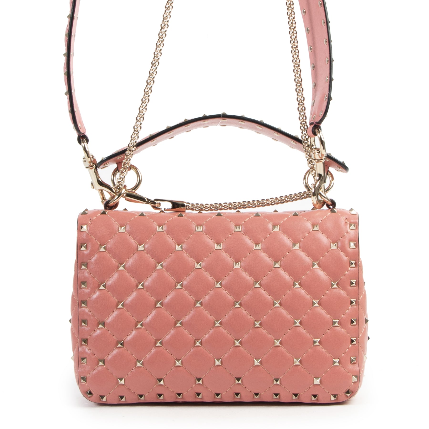 Authentieke Tweedehands Valentino Pink Rockstud Spike Shoulder Bag juiste prijs veilig online shoppen luxe merken webshop winkelen Antwerpen België mode fashion