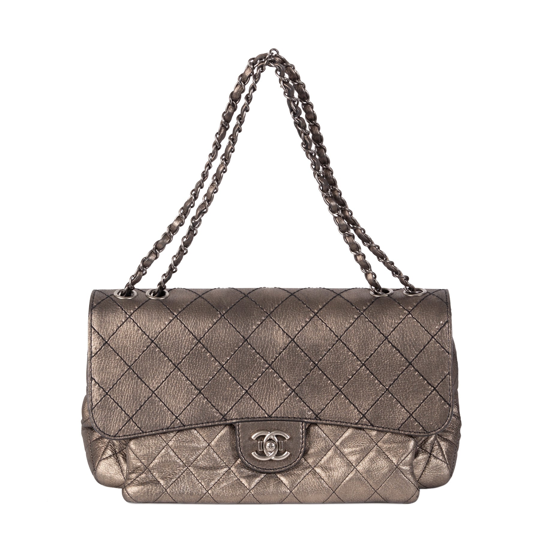 koop jou tweedehands Chanel Bronze Metallic Quilted Leather Flap Bag veilig online
