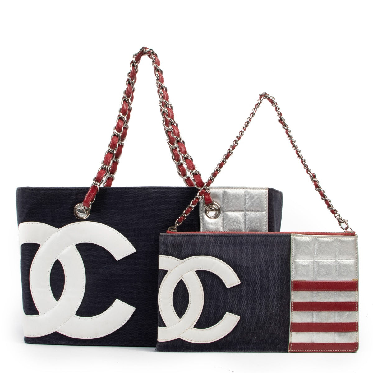 shop authentic vintage designer Chanel CC No.5 Foil Chain Shopping Tote Bag With Pochette at Labellov