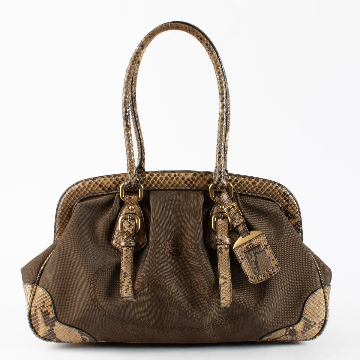 Authentic Second Hand Prada Snakeskin Trim Top Handle Bag on Labellov.com