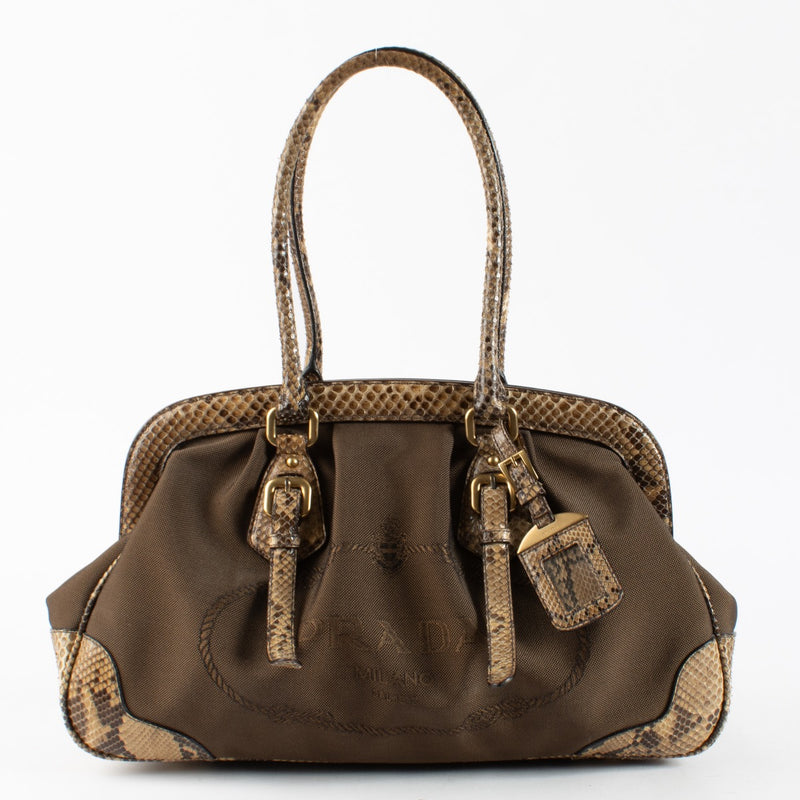 Authentic Second Hand Prada Snakeskin Trim Top Handle Bag on Labellov.com