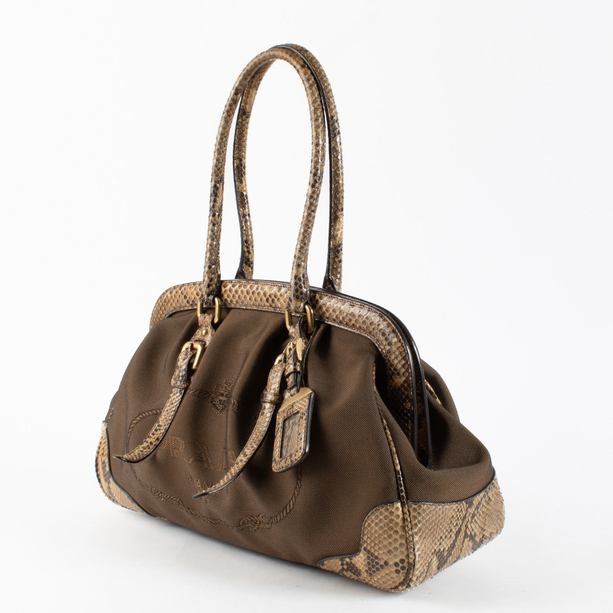 Authentic Second Hand Prada Snakeskin Trim Top Handle Bag on Labellov.com