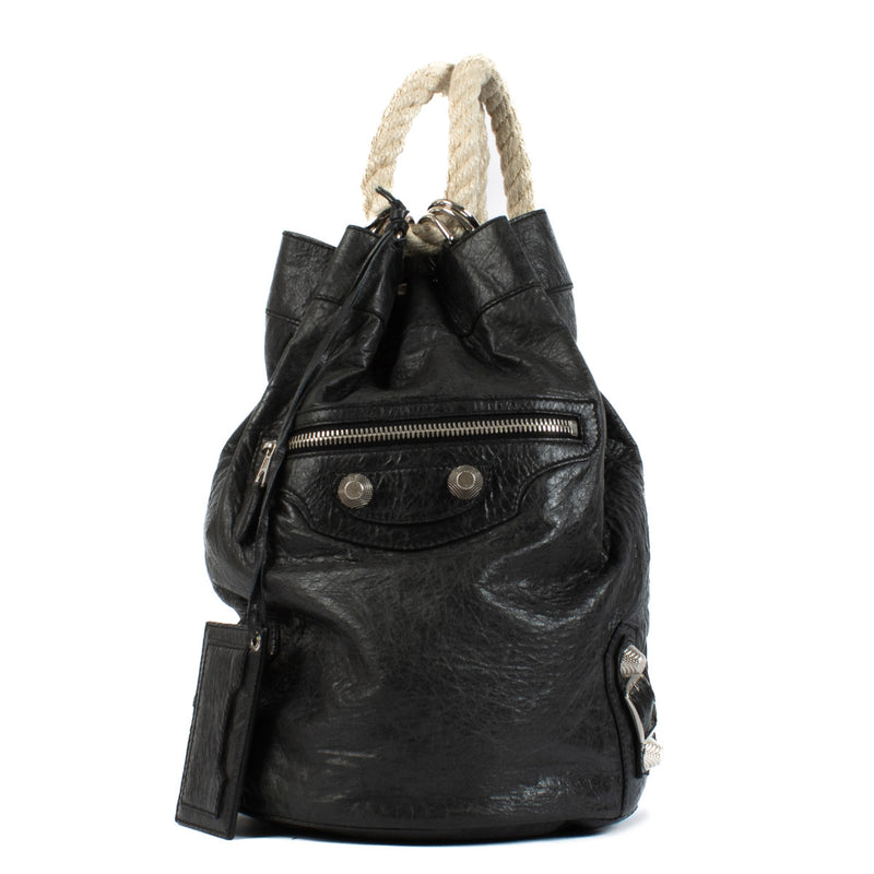 Balenciaga Black Leather Motocross Rope Bucket Backpack